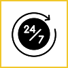 24/7 service icon with circular arrow.