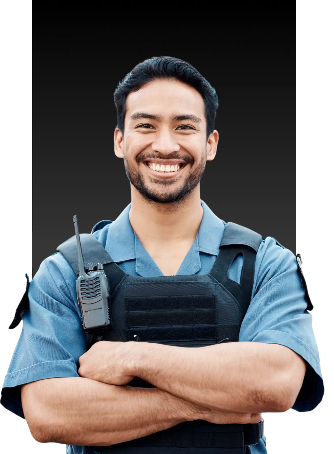 Smiling security guard with crossed arms.