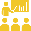 Presentation with audience and bar chart.